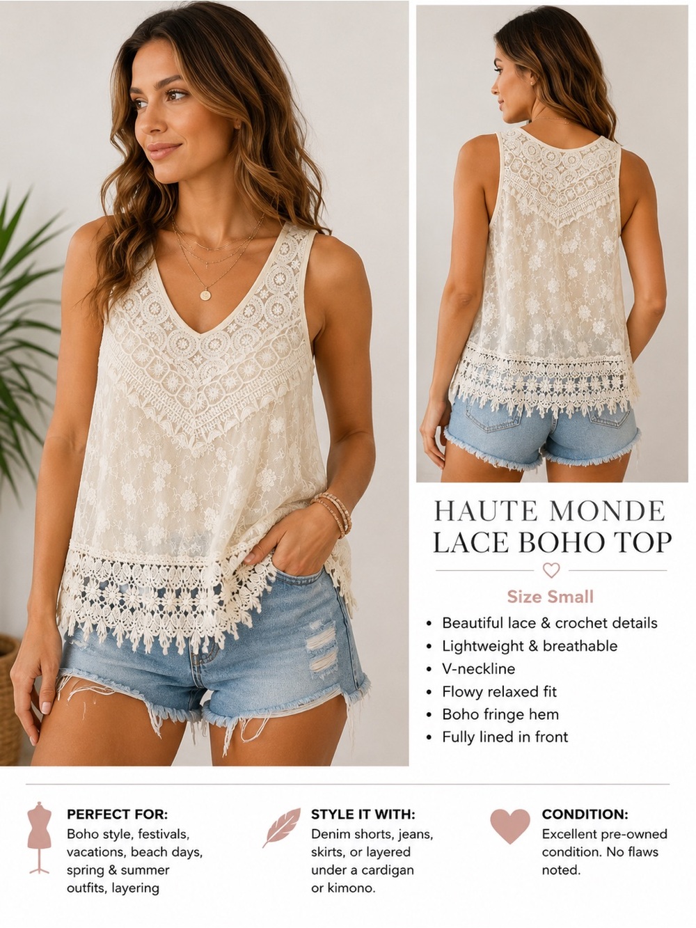 Haute Monde Ivory Lace Boho Tank Size S Crochet Fringe Sheer Sleeveless Blouse